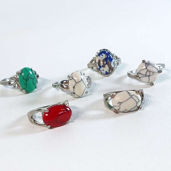 Lot of 6 Silver Tone Polished Natural Stone Rings - Picture 2 of 8